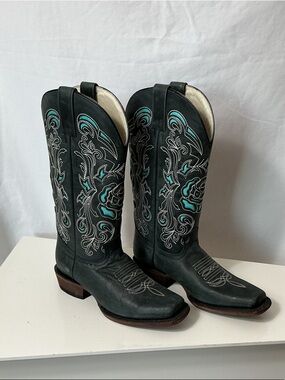 Arango Black Cowboy Boots with Teal Embroidery